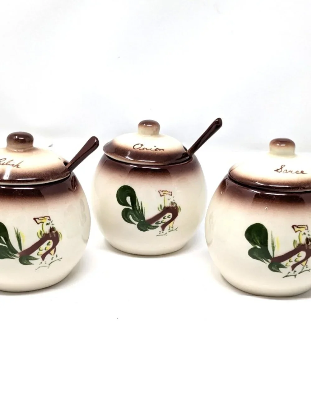 Brock of California CHANTICLEER Rooster condiment Jars Set of 3 VTG 50s